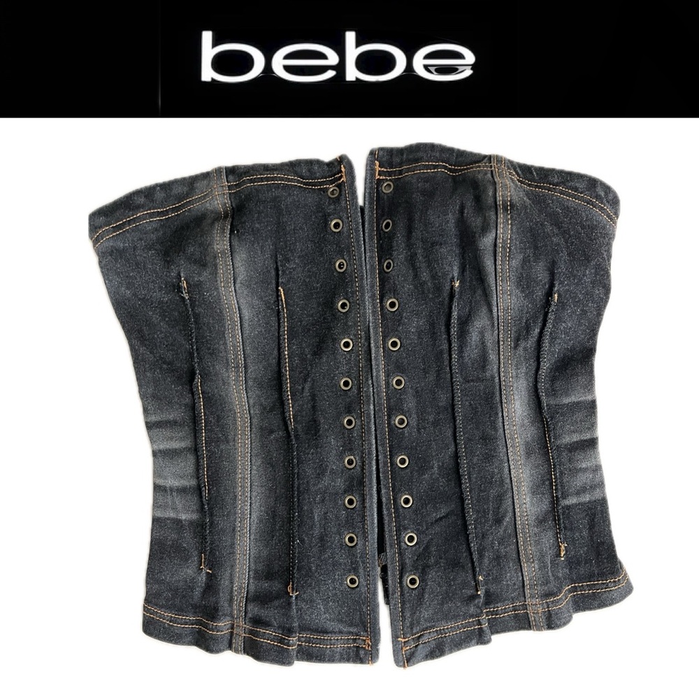 🪢 Distressed Denim Lace Up Corset Top | Black / Charcoal | Bebe | Medium 6-8